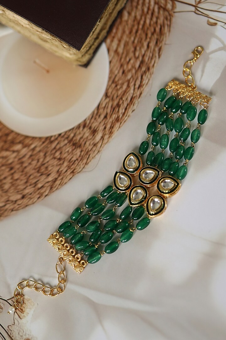 Gold Plated Kundan & Jade Stone Adjustable Bracelet by Do Taara at Pernia's Pop Up Shop