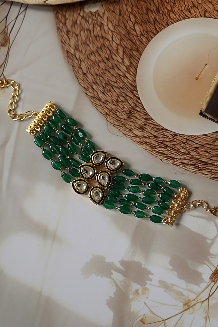 Gold Plated Kundan & Jade Stone Adjustable Bracelet by Do Taara at Pernia's Pop Up Shop