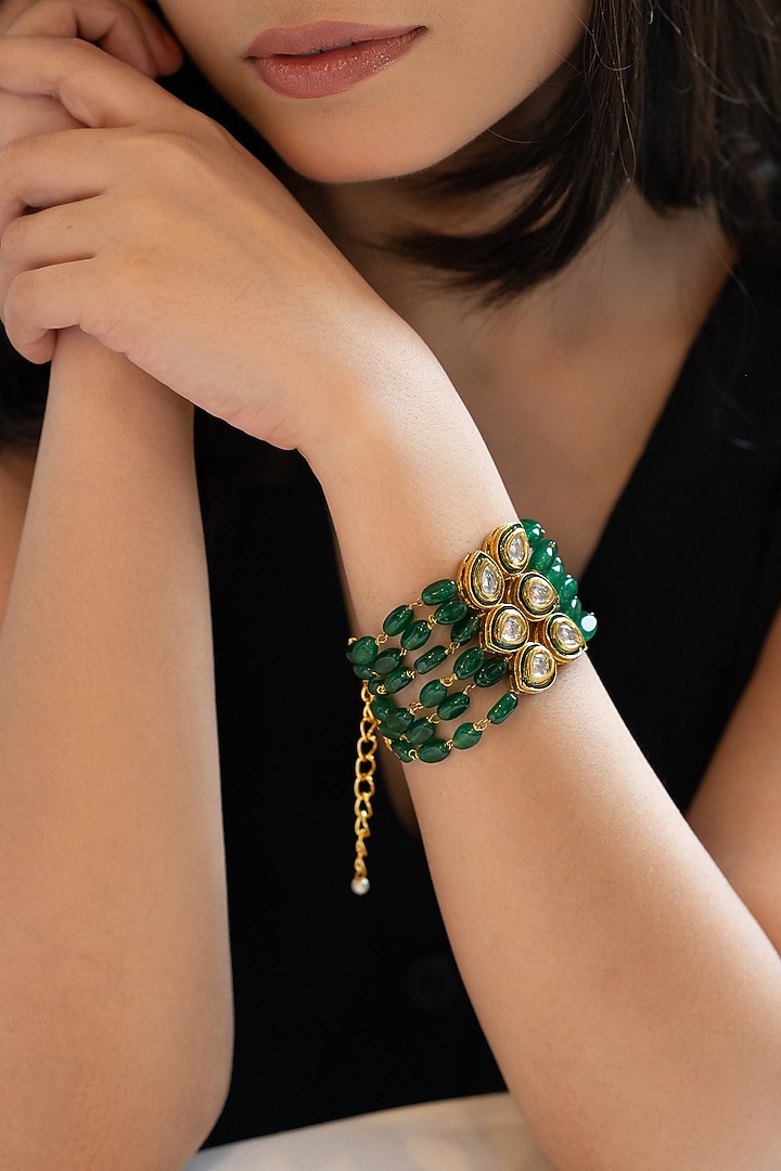 Gold Plated Kundan & Jade Stone Adjustable Bracelet by Do Taara at Pernia's Pop Up Shop