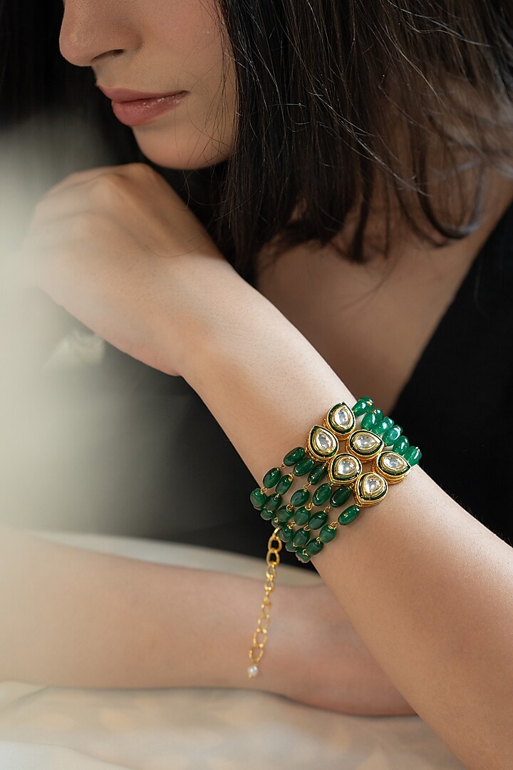 Gold Plated Kundan & Jade Stone Adjustable Bracelet by Do Taara at Pernia's Pop Up Shop