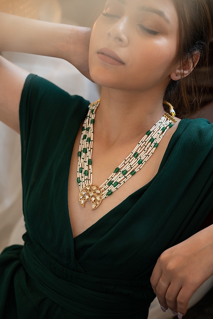 Gold Plated Jade Green Gem Stone & Pearl Necklace by Do Taara at Pernia's Pop Up Shop