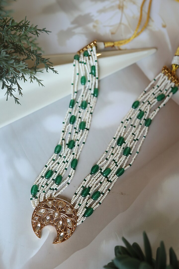 Gold Plated Jade Green Gem Stone & Pearl Necklace by Do Taara at Pernia's Pop Up Shop