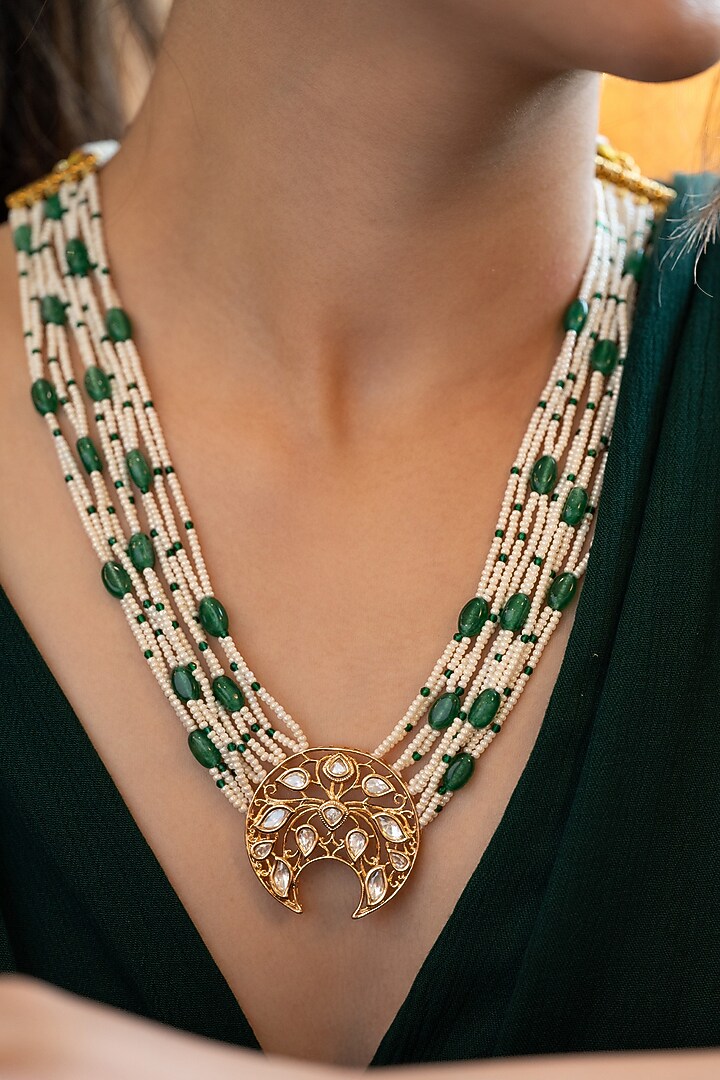 Gold Plated Jade Green Gem Stone & Pearl Necklace by Do Taara at Pernia's Pop Up Shop