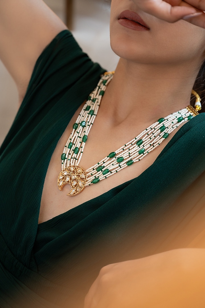 Gold Plated Jade Green Gem Stone & Pearl Necklace by Do Taara at Pernia's Pop Up Shop