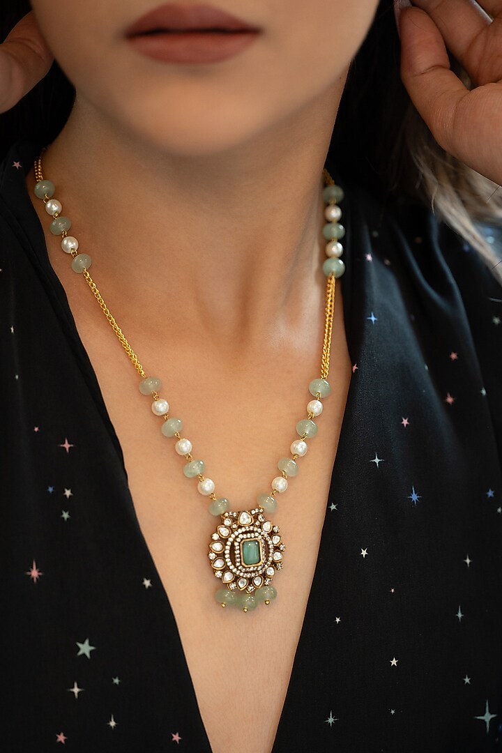 Rhodium Plated Polki & Cubic Zirconia Pendant Necklace by Do Taara at Pernia's Pop Up Shop