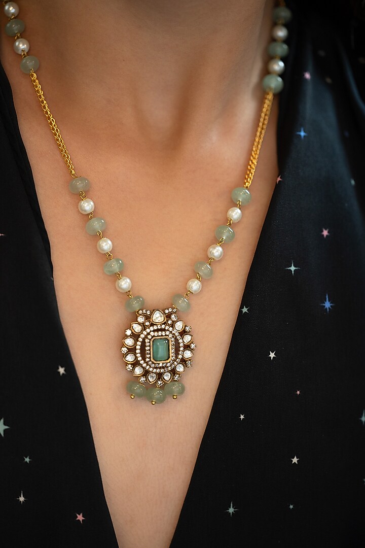Rhodium Plated Polki & Cubic Zirconia Pendant Necklace by Do Taara at Pernia's Pop Up Shop