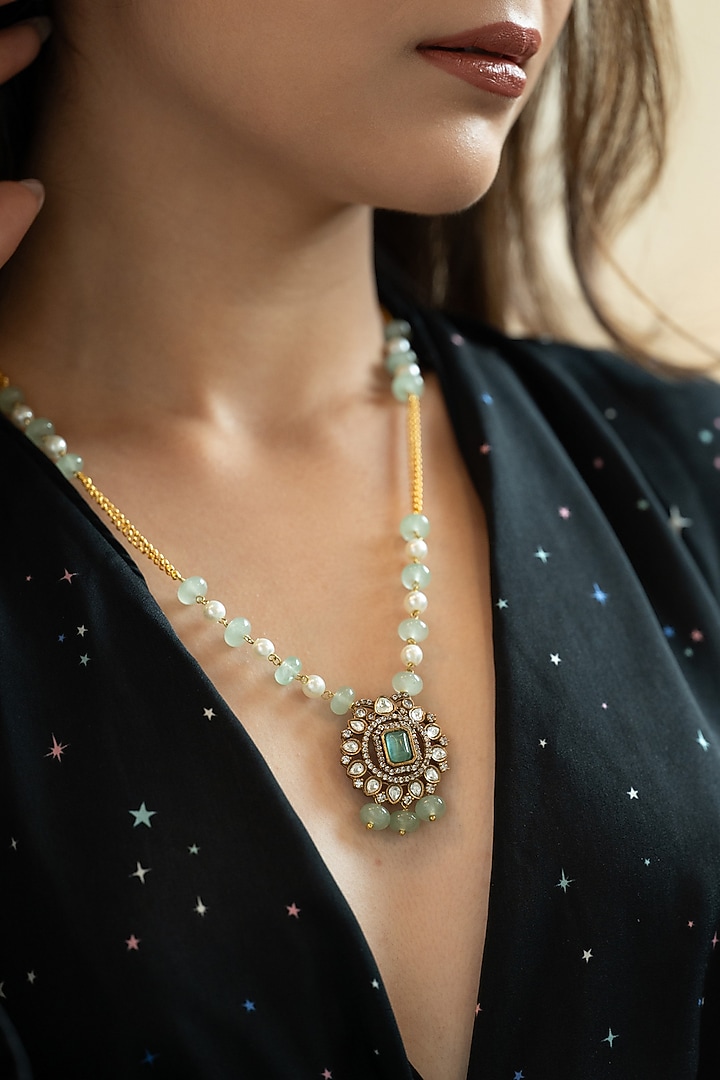 Rhodium Plated Polki & Cubic Zirconia Pendant Necklace by Do Taara at Pernia's Pop Up Shop