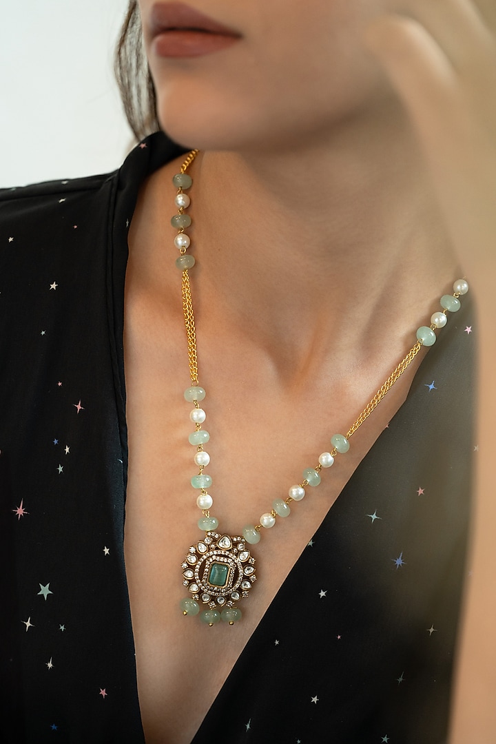 Rhodium Plated Polki & Cubic Zirconia Pendant Necklace by Do Taara at Pernia's Pop Up Shop