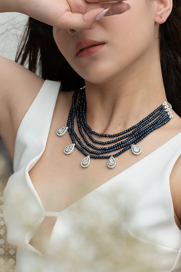 Rhodium Plated Blue Onyx Beaded Layered Necklace by Do Taara at Pernia's Pop Up Shop