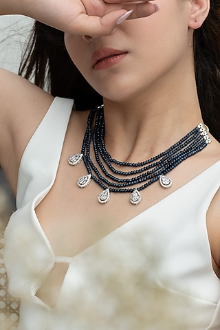 Rhodium Plated Blue Onyx Beaded Layered Necklace by Do Taara