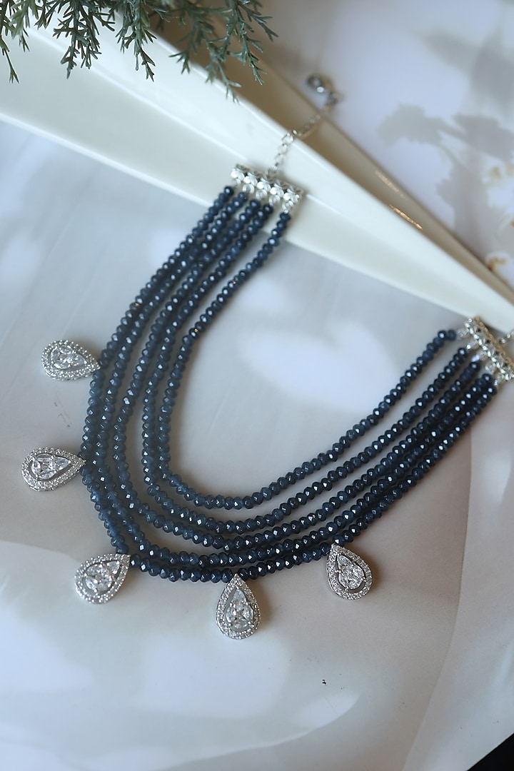 Rhodium Plated Blue Onyx Beaded Layered Necklace by Do Taara at Pernia's Pop Up Shop