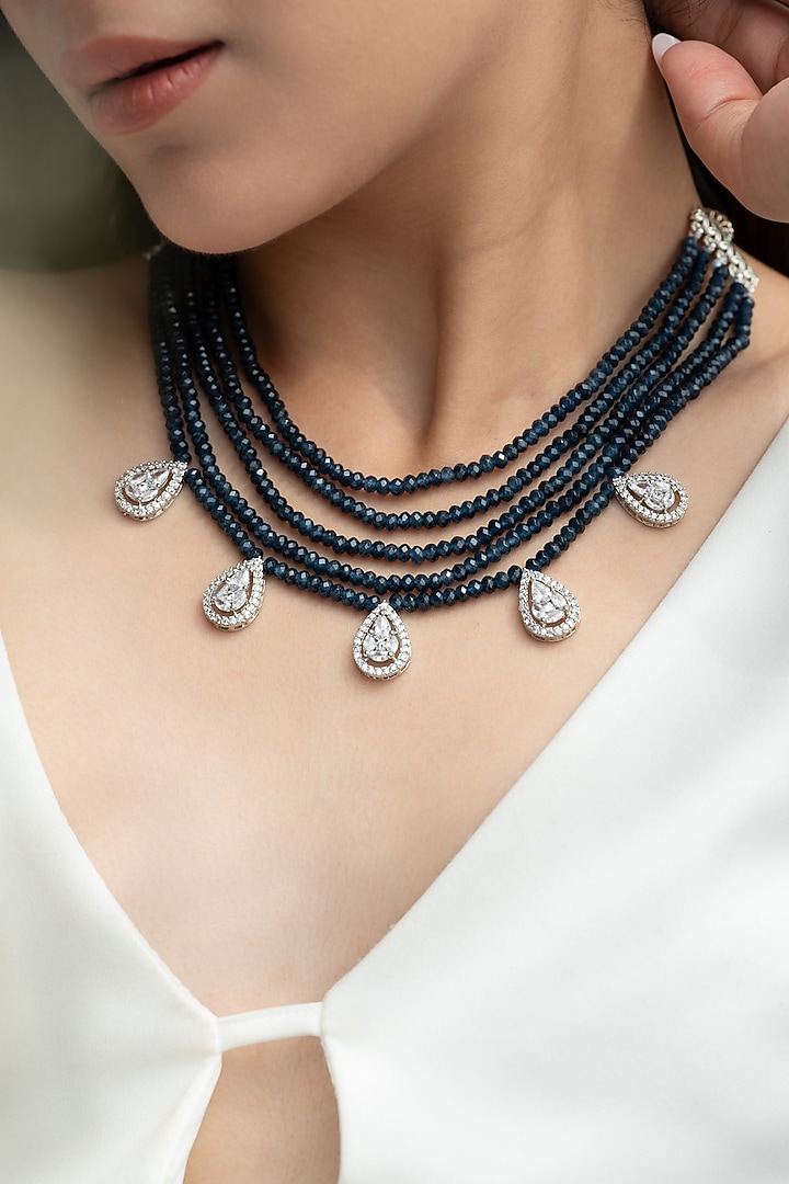 Rhodium Plated Blue Onyx Beaded Layered Necklace by Do Taara at Pernia's Pop Up Shop
