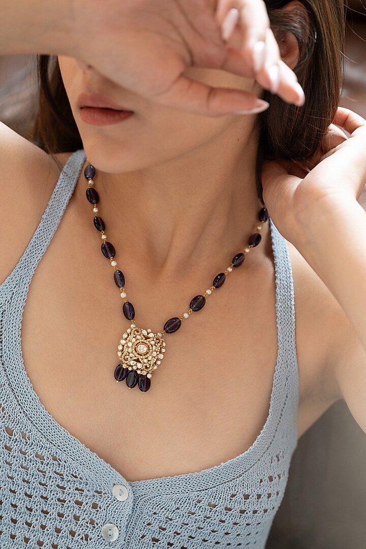 Gold Plated Purple Polki Necklace by Do Taara at Pernia's Pop Up Shop