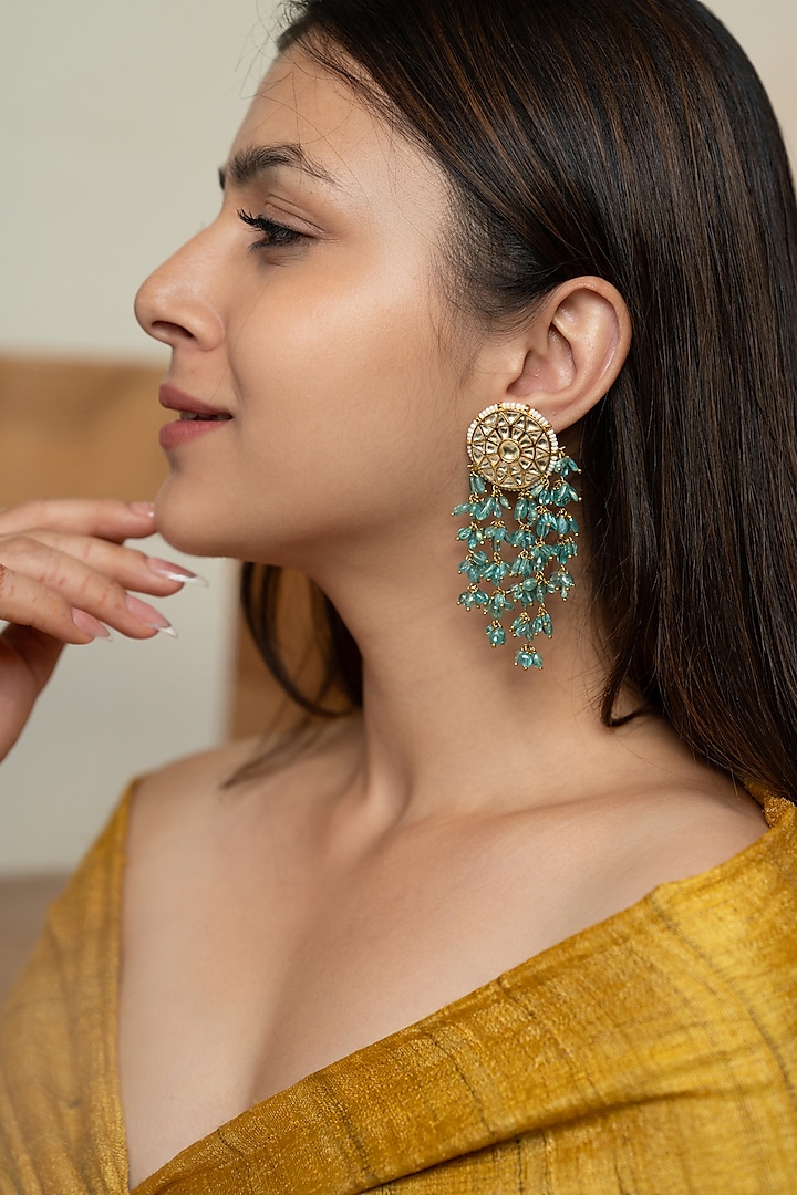 Gold Plated Kundan & Turquoise Stone Dangler Earrings by Do Taara at Pernia's Pop Up Shop