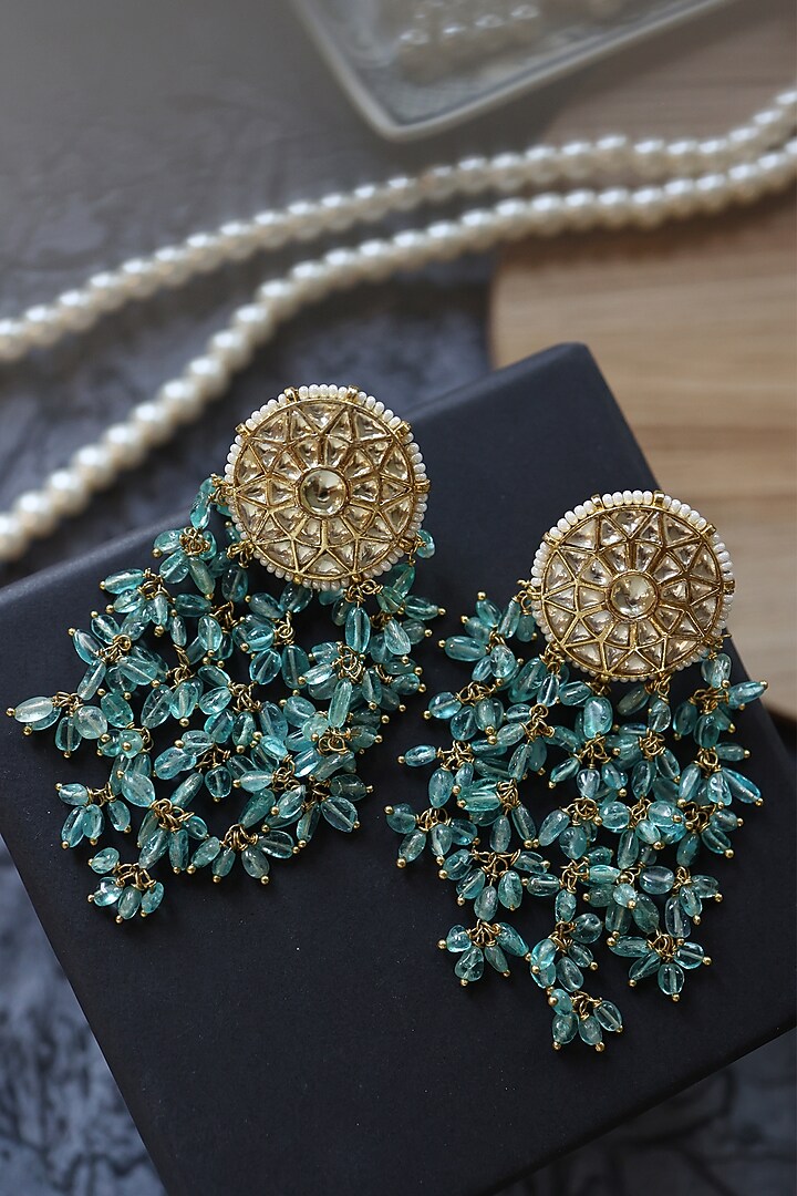 Gold Plated Kundan & Turquoise Stone Dangler Earrings by Do Taara at Pernia's Pop Up Shop