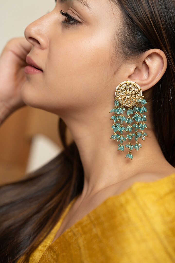 Gold Plated Kundan & Turquoise Stone Dangler Earrings by Do Taara at Pernia's Pop Up Shop