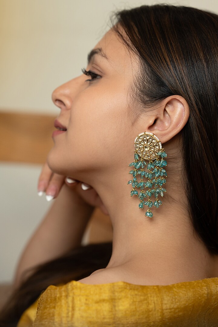 Gold Plated Kundan & Turquoise Stone Dangler Earrings by Do Taara at Pernia's Pop Up Shop