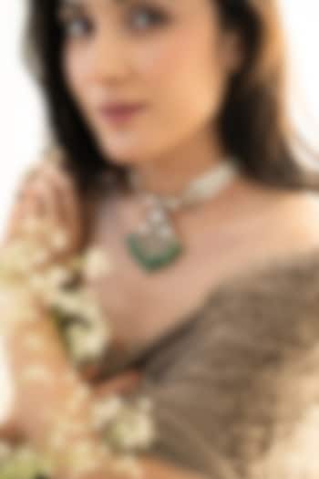 Gold Plated Green Polki & Pearl Necklace by Do Taara at Pernia's Pop Up Shop