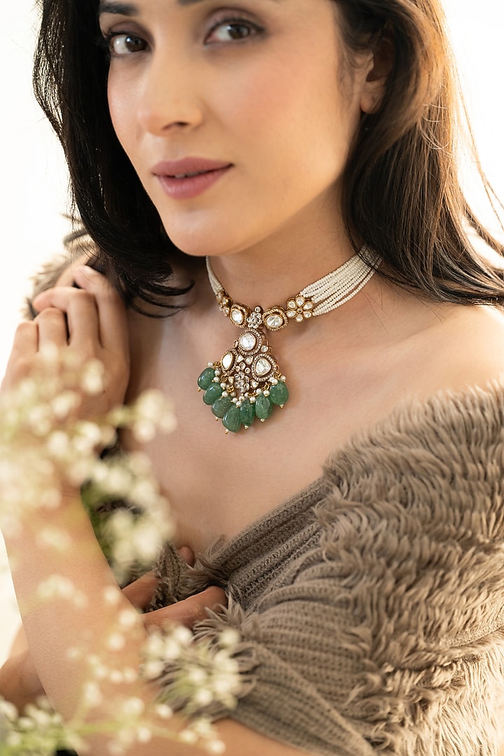 Gold Plated Green Polki & Pearl Necklace by Do Taara at Pernia's Pop Up Shop