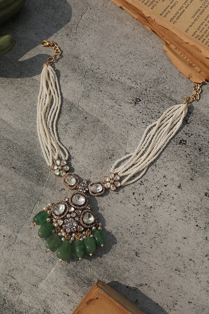 Gold Plated Green Polki & Pearl Necklace by Do Taara at Pernia's Pop Up Shop