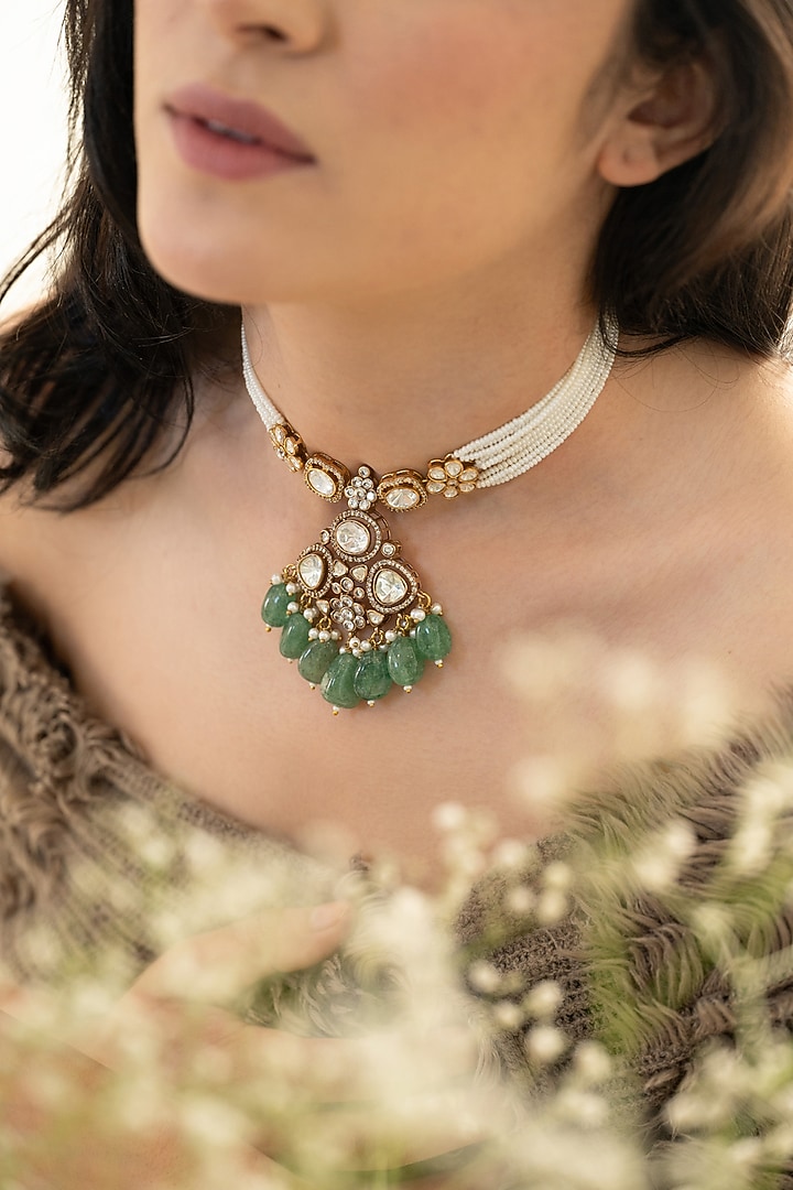 Gold Plated Green Polki & Pearl Necklace by Do Taara at Pernia's Pop Up Shop
