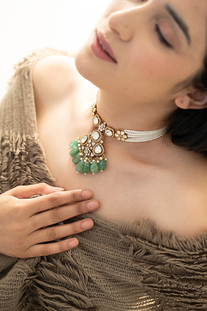 Gold Plated Green Polki & Pearl Necklace by Do Taara at Pernia's Pop Up Shop