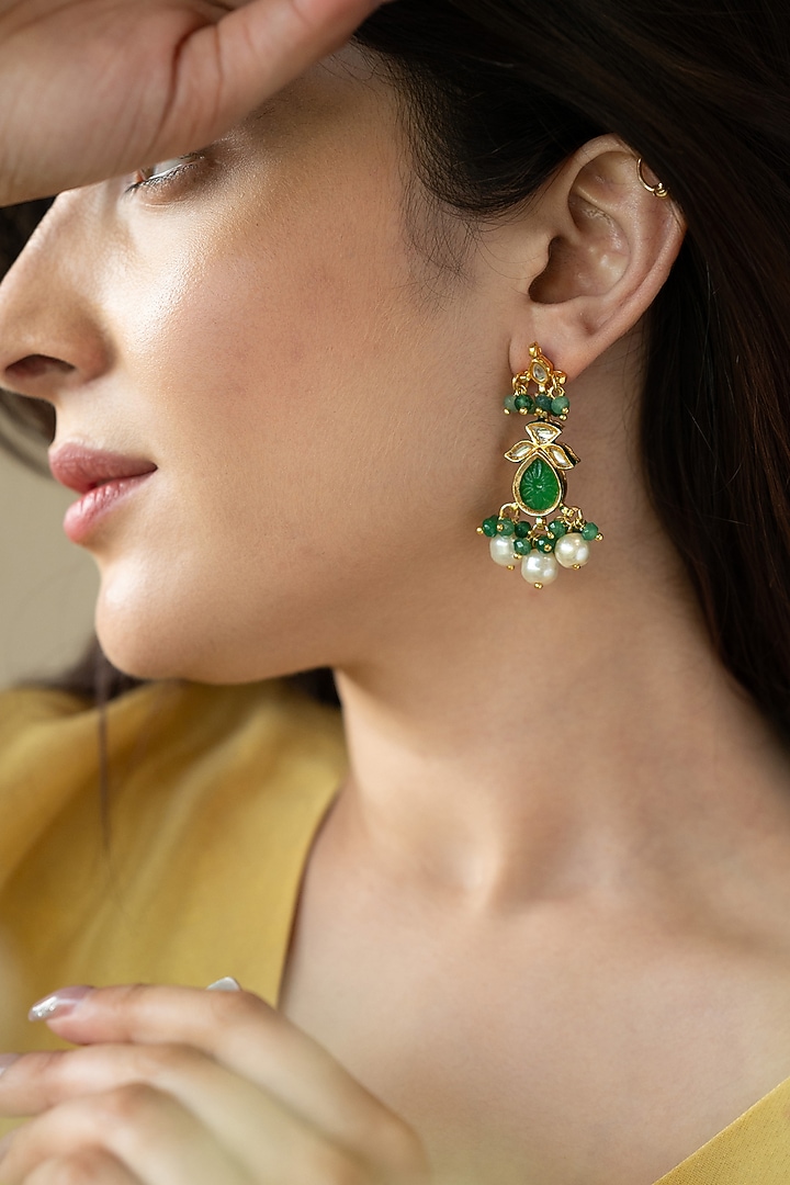 Gold Plated Onyx & Kundan Polki Dangler Earrings by Do Taara at Pernia's Pop Up Shop