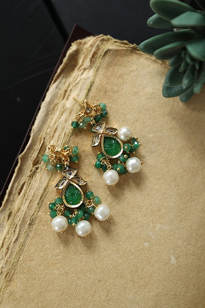 Gold Plated Onyx & Kundan Polki Dangler Earrings by Do Taara at Pernia's Pop Up Shop
