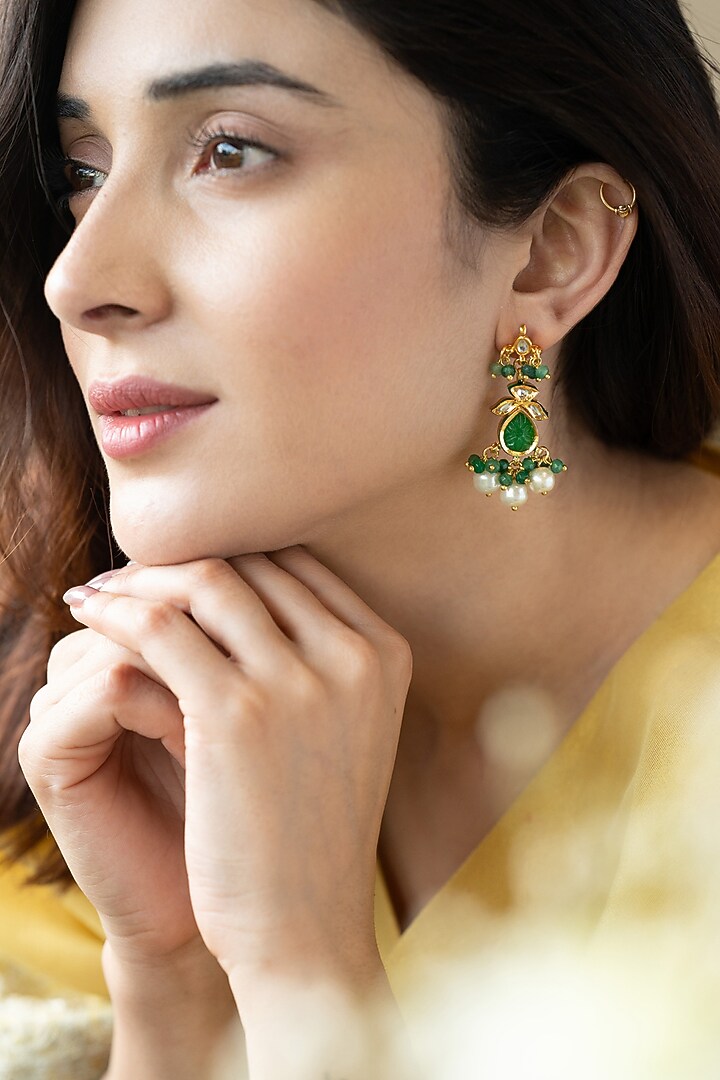 Gold Plated Onyx & Kundan Polki Dangler Earrings by Do Taara at Pernia's Pop Up Shop