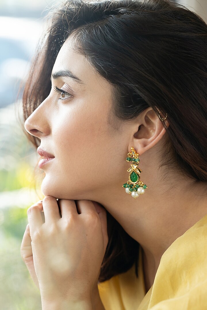 Gold Plated Onyx & Kundan Polki Dangler Earrings by Do Taara at Pernia's Pop Up Shop