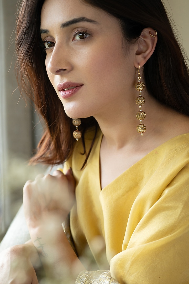 Gold Plated Shell Pearl & Jadau Dangler Earrings by Do Taara at Pernia's Pop Up Shop
