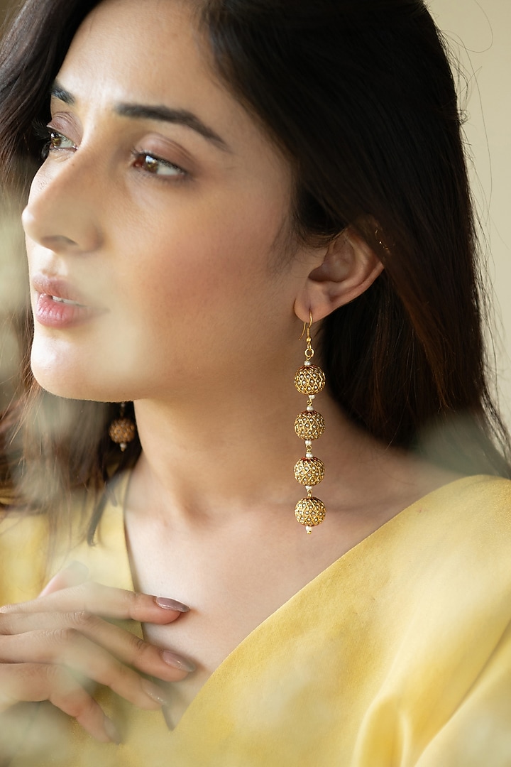 Gold Plated Shell Pearl & Jadau Dangler Earrings by Do Taara at Pernia's Pop Up Shop