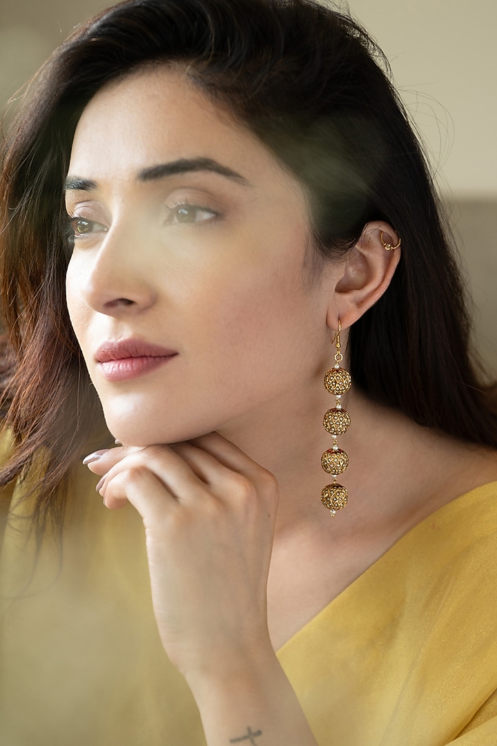 Gold Plated Shell Pearl & Jadau Dangler Earrings by Do Taara at Pernia's Pop Up Shop