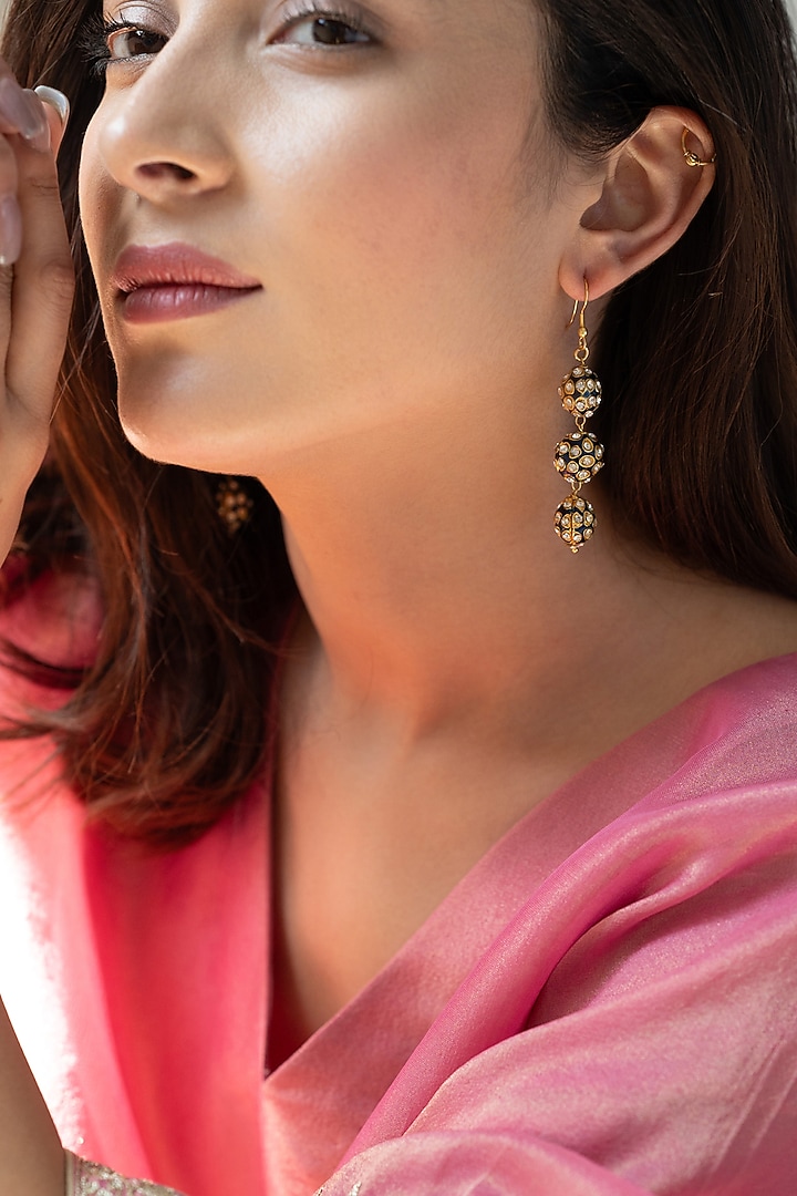 Gold Plated Pearl Enamelled Dangler Earrings by Do Taara at Pernia's Pop Up Shop