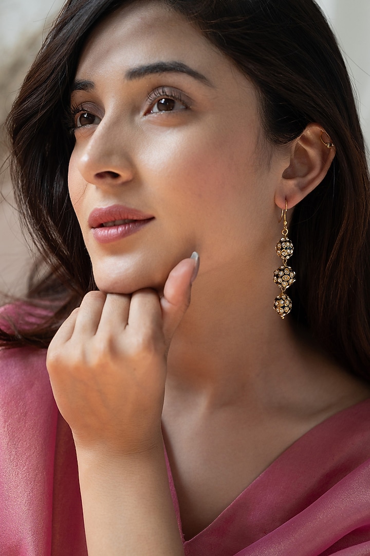 Gold Plated Pearl Enamelled Dangler Earrings by Do Taara at Pernia's Pop Up Shop