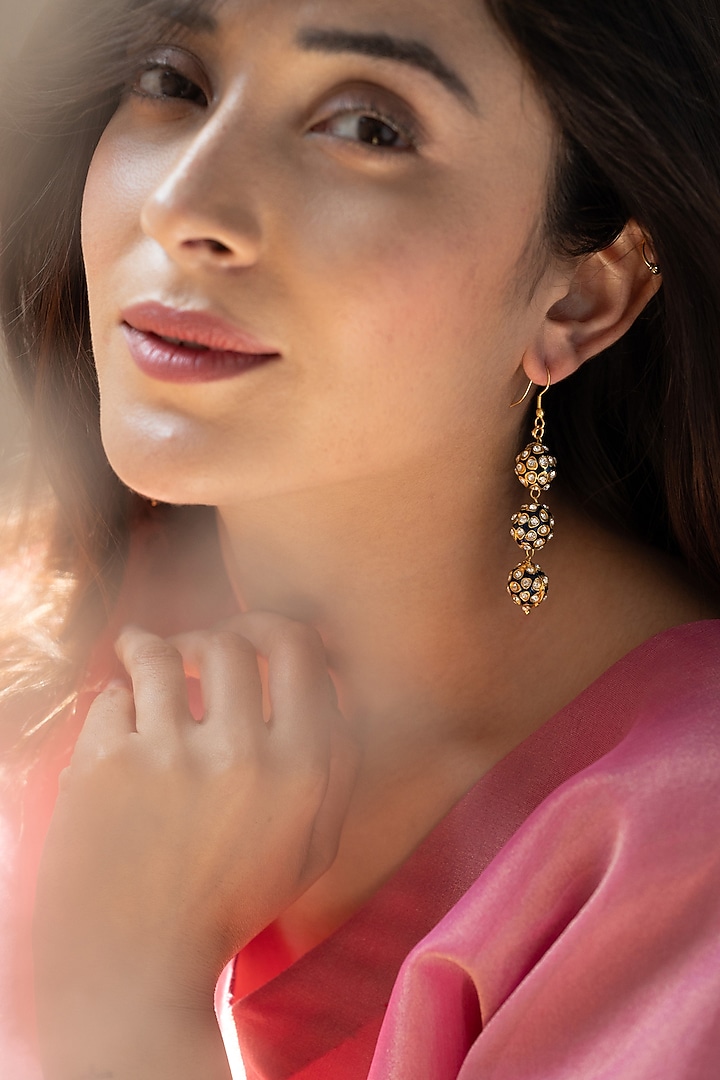 Gold Plated Pearl Enamelled Dangler Earrings by Do Taara at Pernia's Pop Up Shop