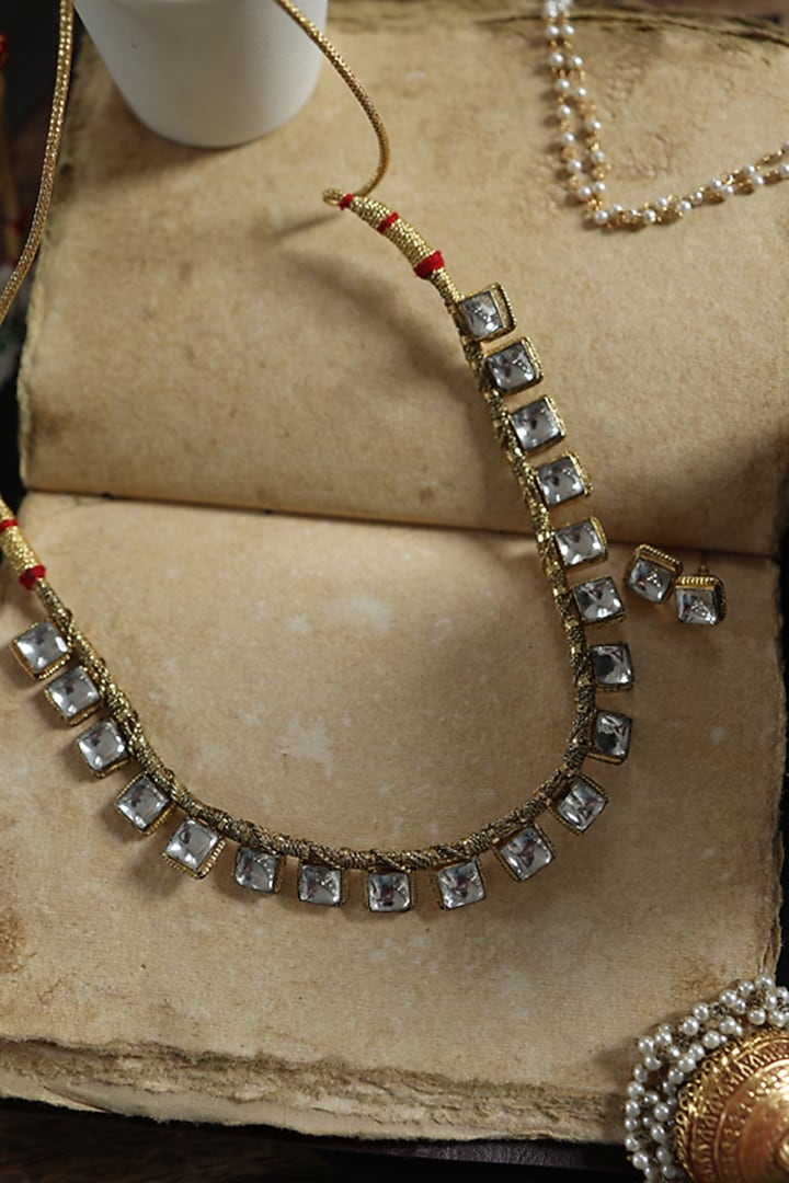 Gold Plated Kundan Polki & Pearl Choker Necklace Set by Do Taara at Pernia's Pop Up Shop
