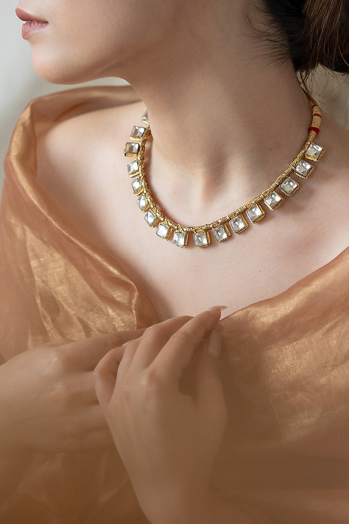 Gold Plated Kundan Polki & Pearl Choker Necklace Set by Do Taara at Pernia's Pop Up Shop