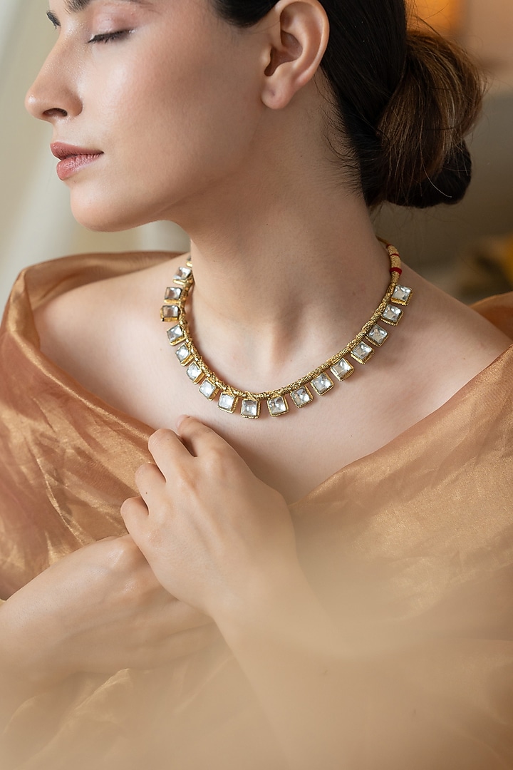 Gold Plated Kundan Polki & Pearl Choker Necklace Set by Do Taara at Pernia's Pop Up Shop