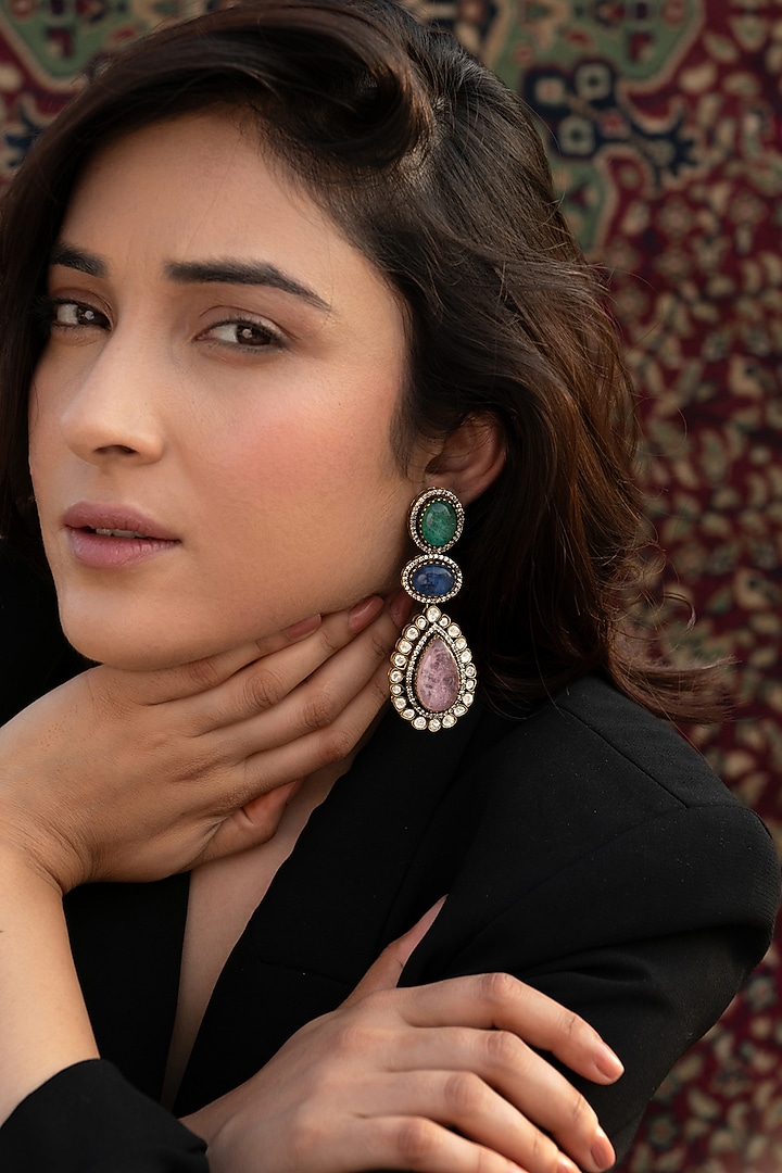 Gold Plated Cubic Zirconia & Kundan Polki Dangler Earrings by Do Taara at Pernia's Pop Up Shop