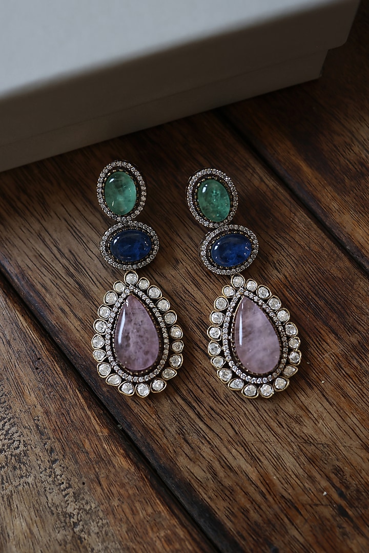 Gold Plated Cubic Zirconia & Kundan Polki Dangler Earrings by Do Taara at Pernia's Pop Up Shop