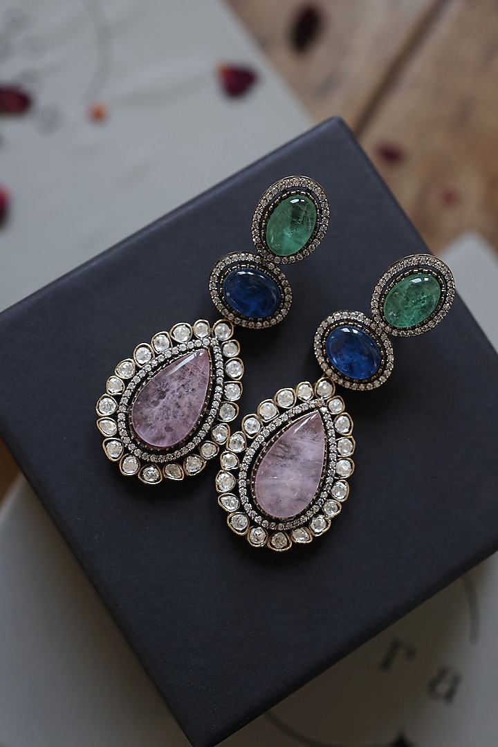 Gold Plated Cubic Zirconia & Kundan Polki Dangler Earrings by Do Taara at Pernia's Pop Up Shop