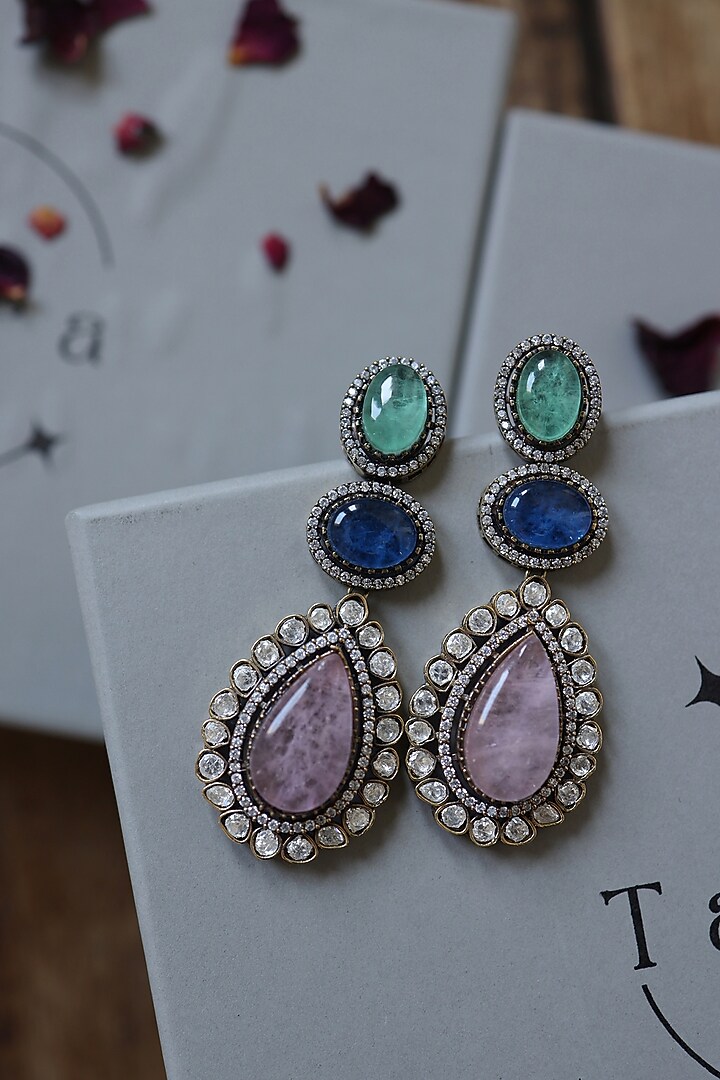 Gold Plated Cubic Zirconia & Kundan Polki Dangler Earrings by Do Taara at Pernia's Pop Up Shop