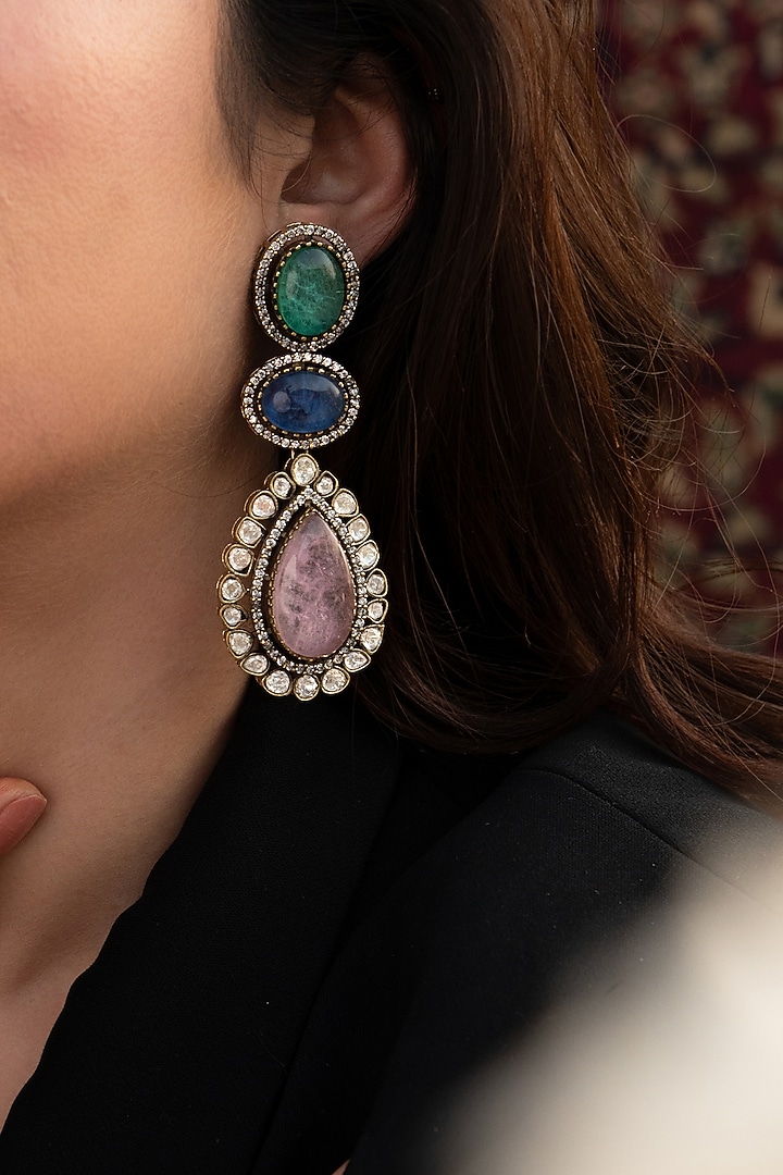 Gold Plated Cubic Zirconia & Kundan Polki Dangler Earrings by Do Taara at Pernia's Pop Up Shop