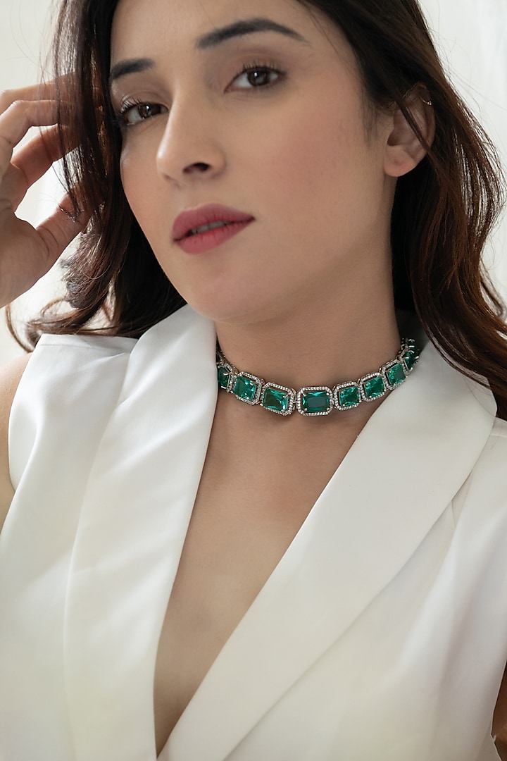 White Rhodium Finish Crystal & Cubic Zirconia Necklace Set by Do Taara at Pernia's Pop Up Shop
