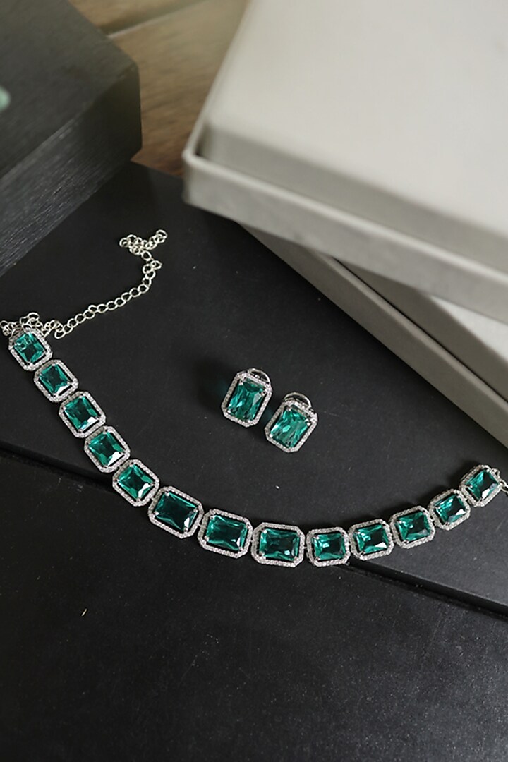 White Rhodium Finish Crystal & Cubic Zirconia Necklace Set by Do Taara at Pernia's Pop Up Shop