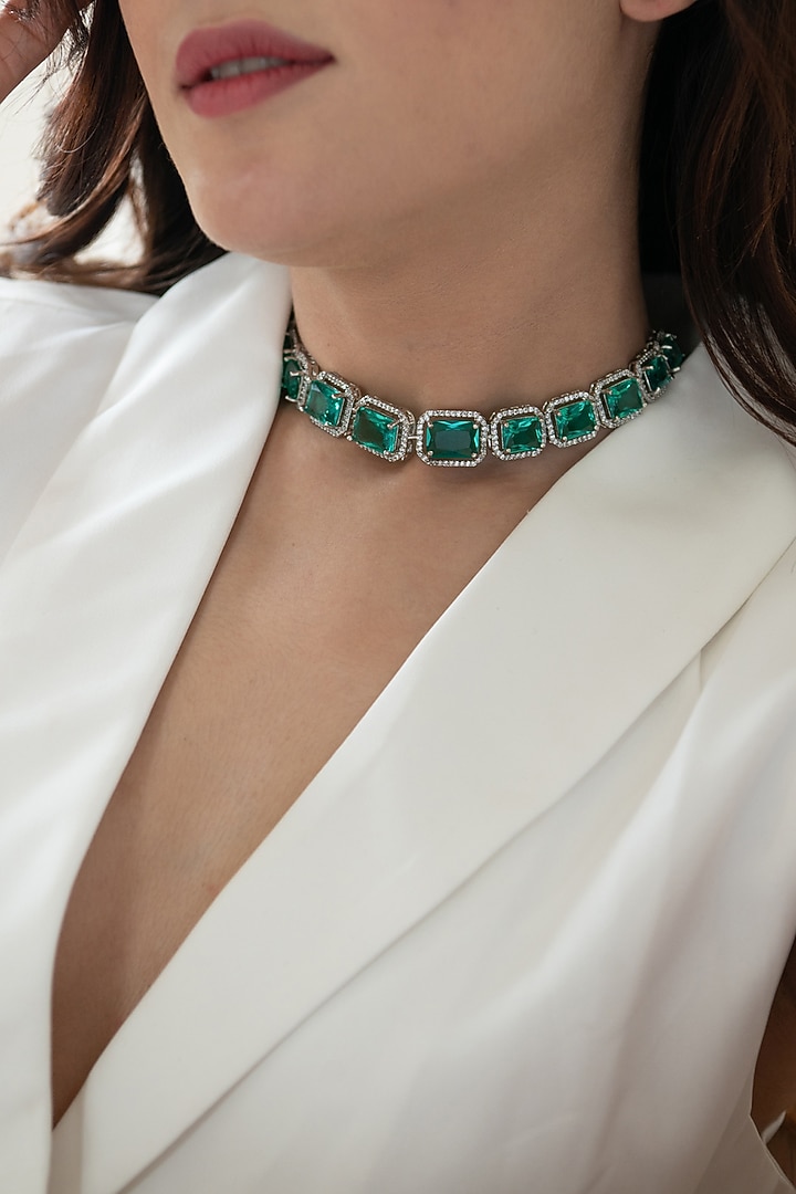 White Rhodium Finish Crystal & Cubic Zirconia Necklace Set by Do Taara at Pernia's Pop Up Shop
