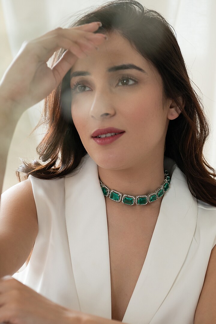 White Rhodium Finish Crystal & Cubic Zirconia Necklace Set by Do Taara at Pernia's Pop Up Shop