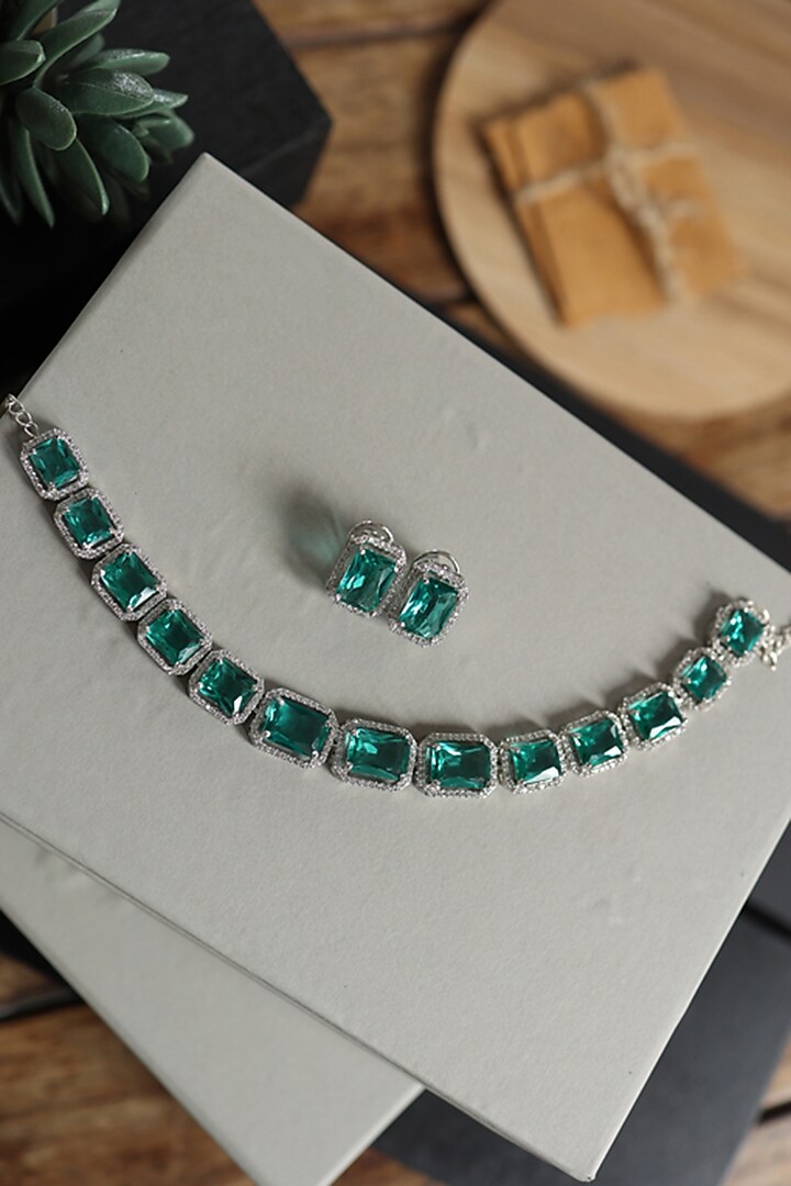 White Rhodium Finish Crystal & Cubic Zirconia Necklace Set by Do Taara at Pernia's Pop Up Shop