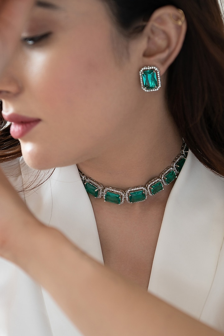 White Rhodium Finish Crystal & Cubic Zirconia Necklace Set by Do Taara at Pernia's Pop Up Shop